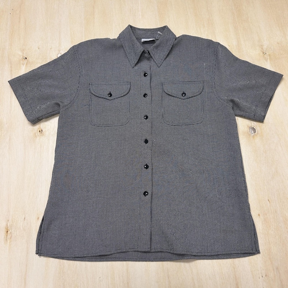 Vitnage Aparenza Button Up Shirt Women Petite Medium Gray Check Short Sleeve Top